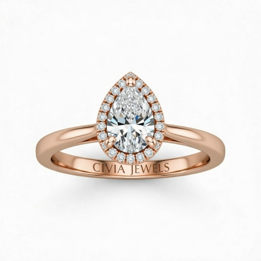 Rose Gold Pear Cut Halo Engagement Ring With Classic Four Prong Setting And Slim Band