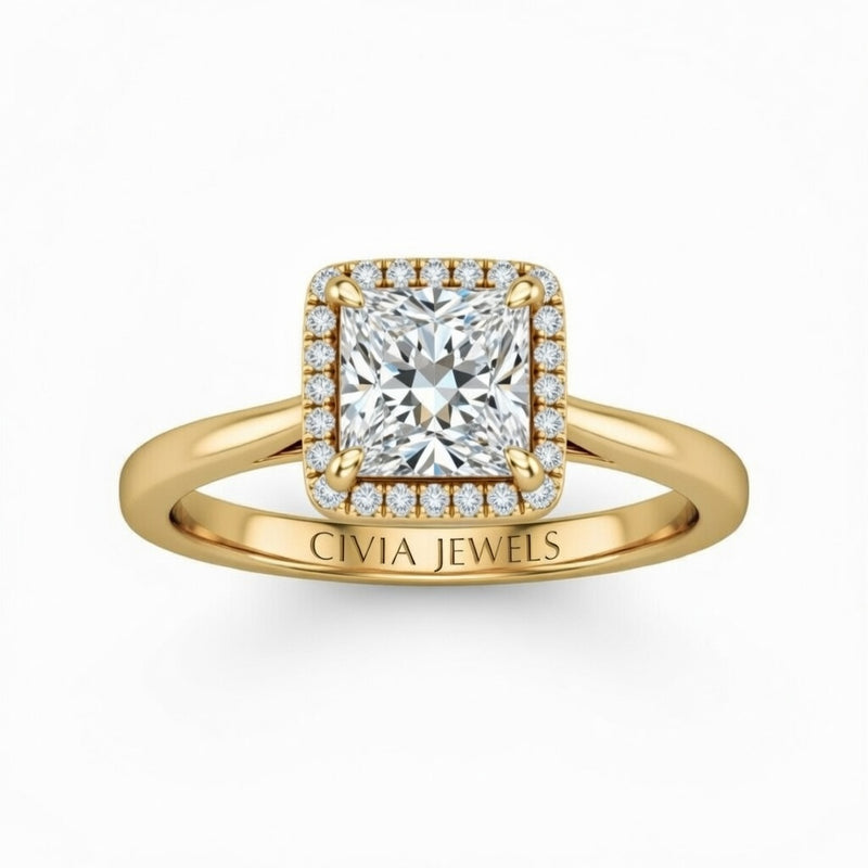 Yellow Gold Princess Cut Halo Engagement Ring With Classic Four Prong Setting And Slim Band