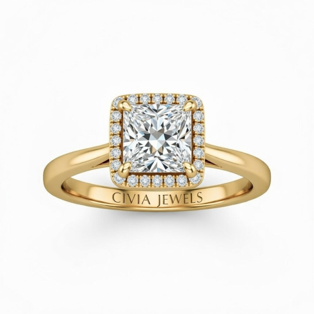 Yellow Gold Princess Cut Halo Engagement Ring With Classic Four Prong Setting And Slim Band