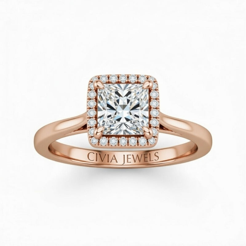 Rose Gold Princess Cut Halo Engagement Ring With Classic Four Prong Setting And Slim Band