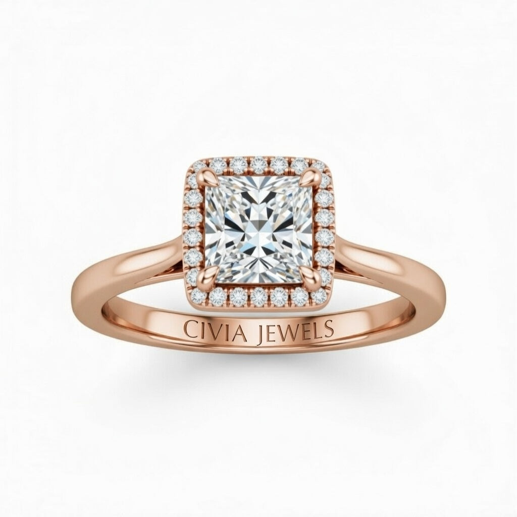 Rose Gold Princess Cut Halo Engagement Ring With Classic Four Prong Setting And Slim Band
