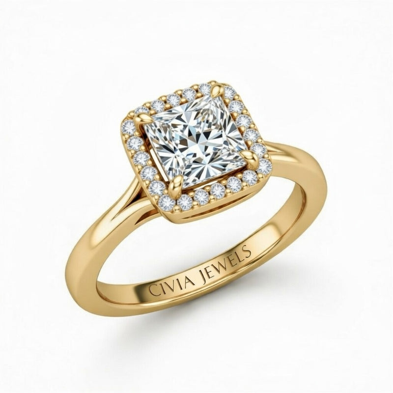 Yellow Gold Princess Cut Halo Engagement Ring With Classic Four Prong Setting And Slim Band