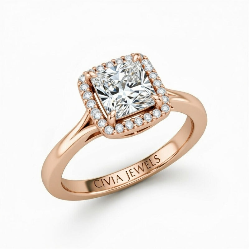 Rose Gold Princess Cut Halo Engagement Ring With Classic Four Prong Setting And Slim Band