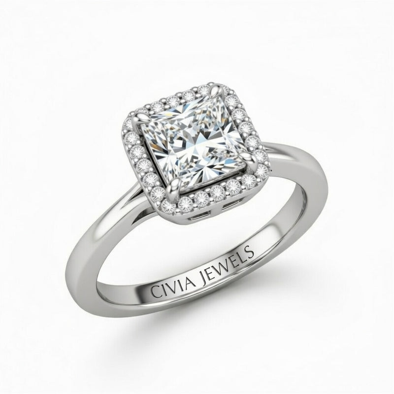White Gold Princess Cut Halo Engagement Ring With Classic Four Prong Setting And Slim Band