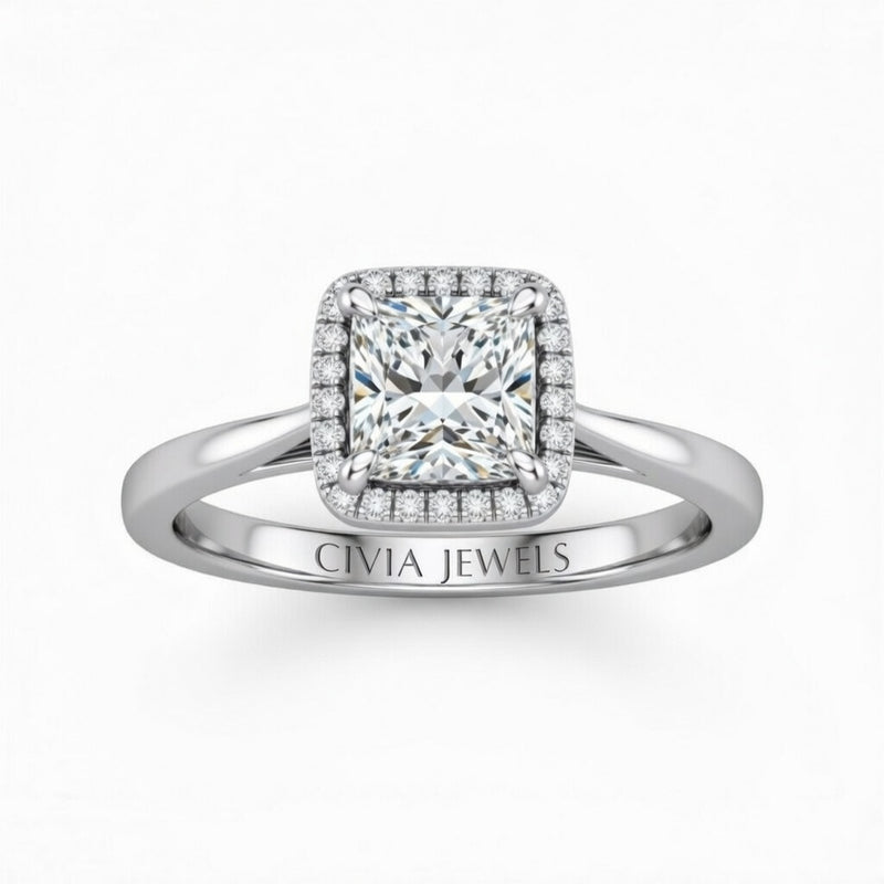 White Gold Princess Cut Halo Engagement Ring With Classic Four Prong Setting And Slim Band