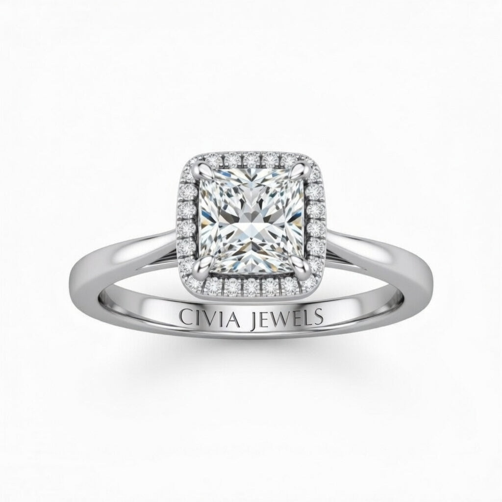 Silver Princess Cut Halo Engagement Ring With Classic Four Prong Setting And Slim Band