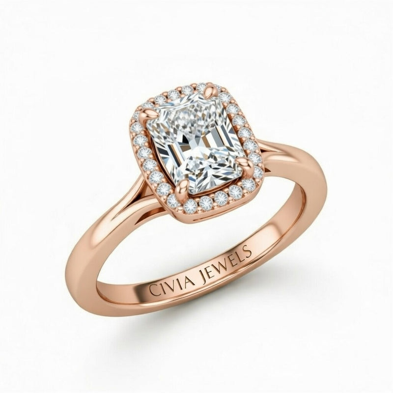 Rose Gold Radiant Cut Halo Engagement Ring With Classic Four Prong Setting And Slim Band