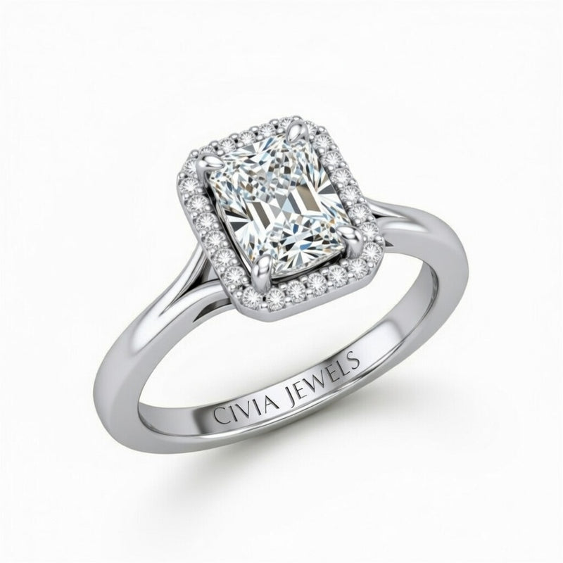 White Gold Radiant Cut Halo Engagement Ring With Classic Four Prong Setting And Slim Band