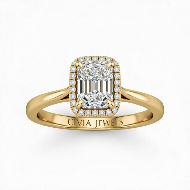 Yellow Gold Radiant Cut Halo Engagement Ring With Classic Four Prong Setting And Slim Band