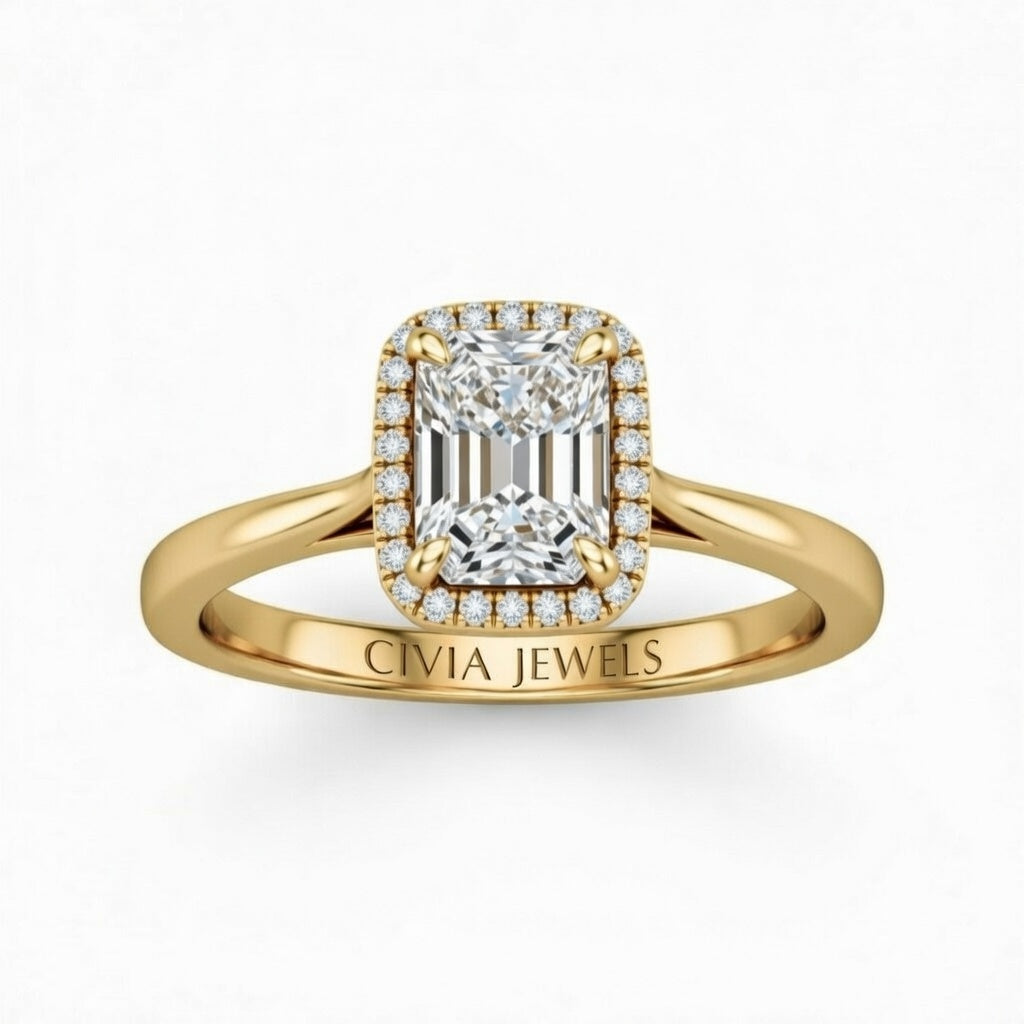 Yellow Gold Radiant Cut Halo Engagement Ring With Classic Four Prong Setting And Slim Band