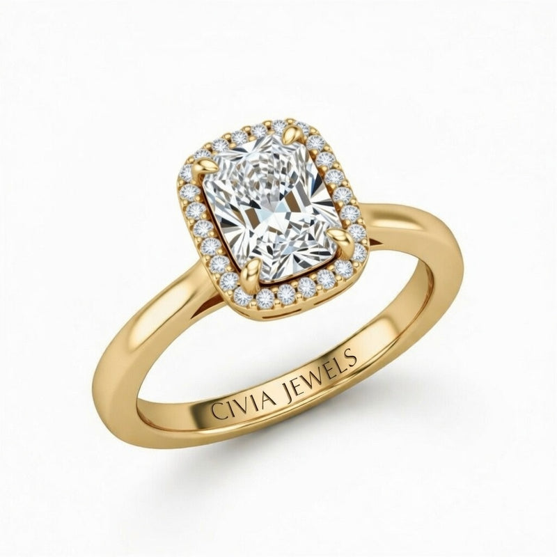 Yellow Gold Radiant Cut Halo Engagement Ring With Classic Four Prong Setting And Slim Band