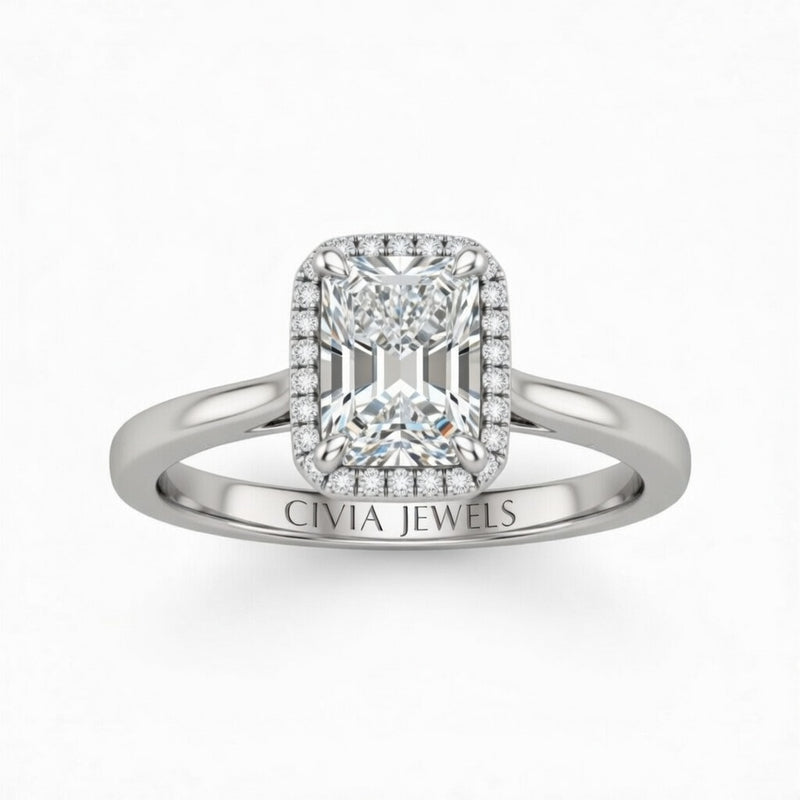 White Gold Radiant Cut Halo Engagement Ring With Classic Four Prong Setting And Slim Band