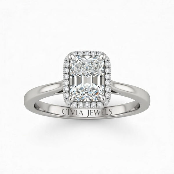 Silver Radiant Cut Halo Engagement Ring With Classic Four Prong Setting And Slim Band