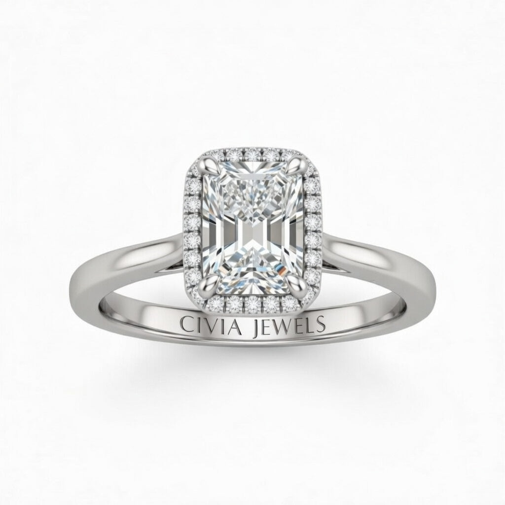 Silver Radiant Cut Halo Engagement Ring With Classic Four Prong Setting And Slim Band