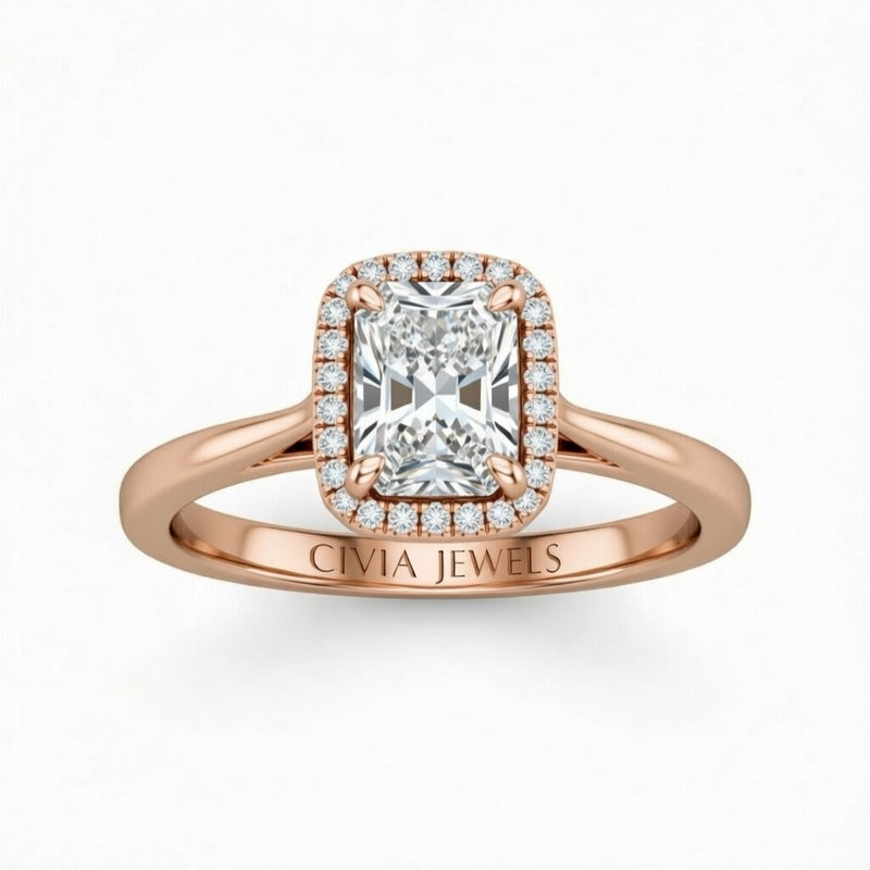 Rose Gold Radiant Cut Halo Engagement Ring With Classic Four Prong Setting And Slim Band