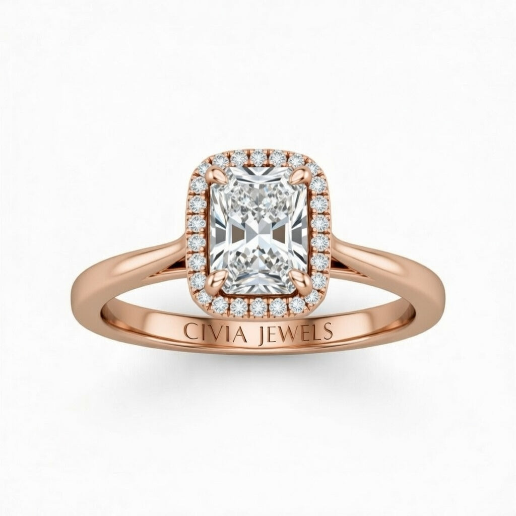 Rose Gold Radiant Cut Halo Engagement Ring With Classic Four Prong Setting And Slim Band