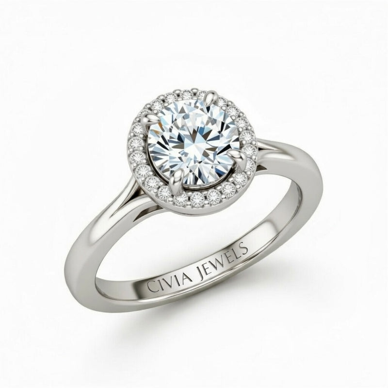 Silver Round Cut Halo Engagement Ring With Classic Four Prong Setting And Slim Band