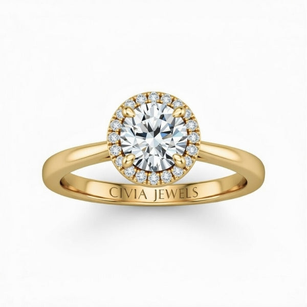 Yellow Gold Round Cut Halo Engagement Ring With Classic Four Prong Setting And Slim Band