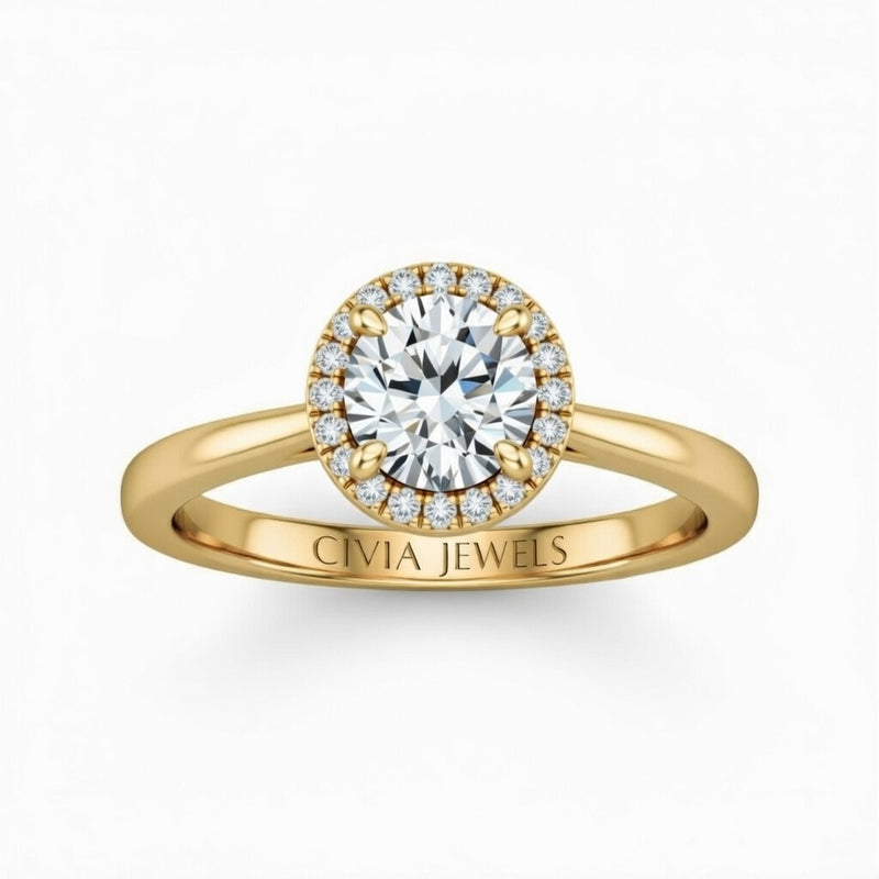 Yellow Gold Round Cut Halo Engagement Ring With Classic Four Prong Setting And Slim Band