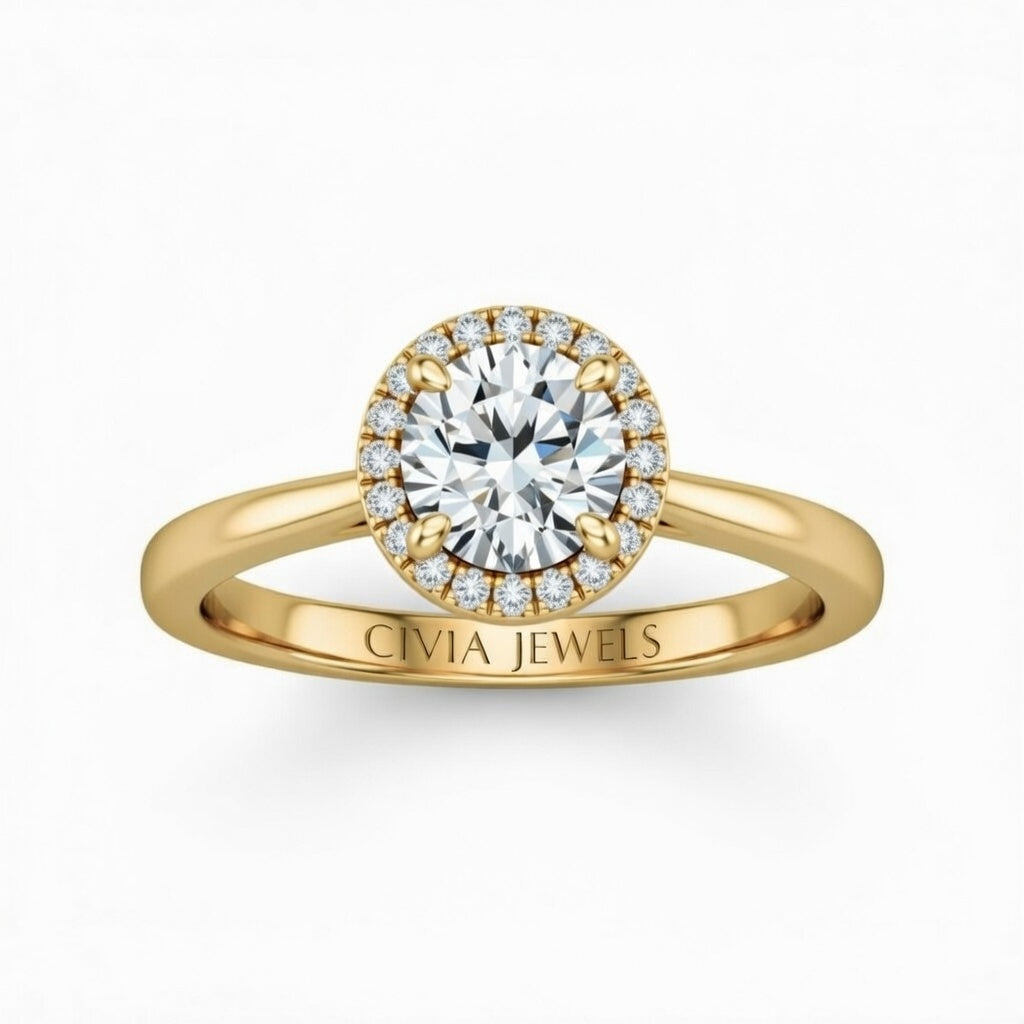 Yellow Gold Round Cut Halo Engagement Ring With Classic Four Prong Setting And Slim Band