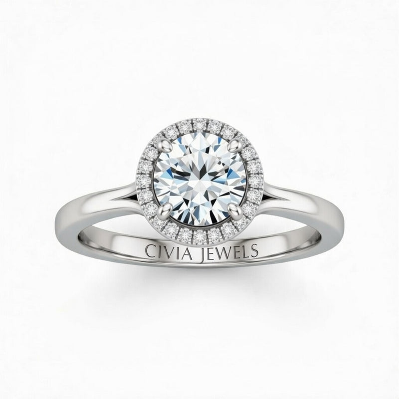 Silver Round Cut Halo Engagement Ring With Classic Four Prong Setting And Slim Band