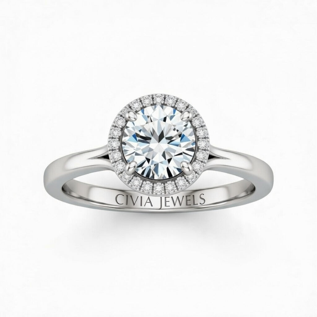 Silver Round Cut Halo Engagement Ring With Classic Four Prong Setting And Slim Band