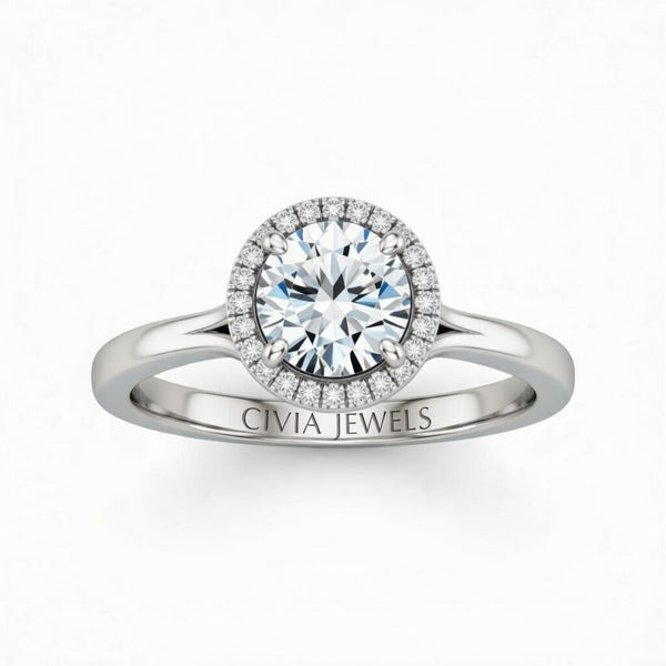 Silver Round Cut Halo Engagement Ring With Classic Four Prong Setting And Slim Band