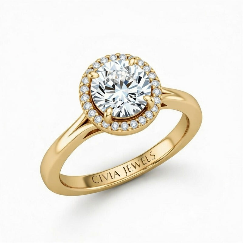Yellow Gold Round Cut Halo Engagement Ring With Classic Four Prong Setting And Slim Band