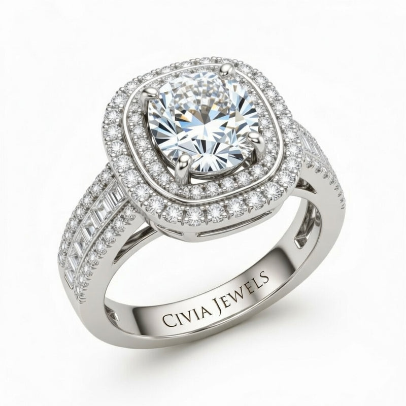 Silver Cushion Cut Double Halo Engagement Ring With Diamond Baguette Accented Pavé Band