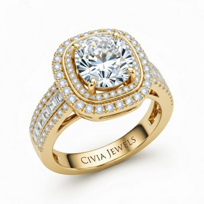Yellow Gold Cushion Cut Double Halo Engagement Ring With Diamond Baguette Accented Pavé Band