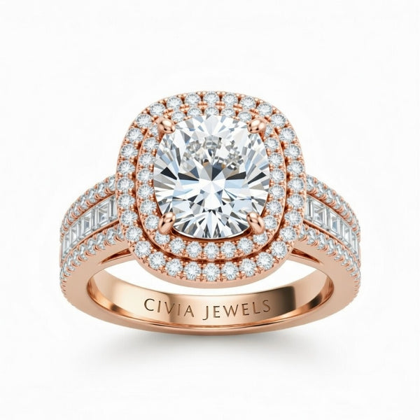 Rose Gold Cushion Cut Double Halo Engagement Ring With Diamond Baguette Accented Pavé Band