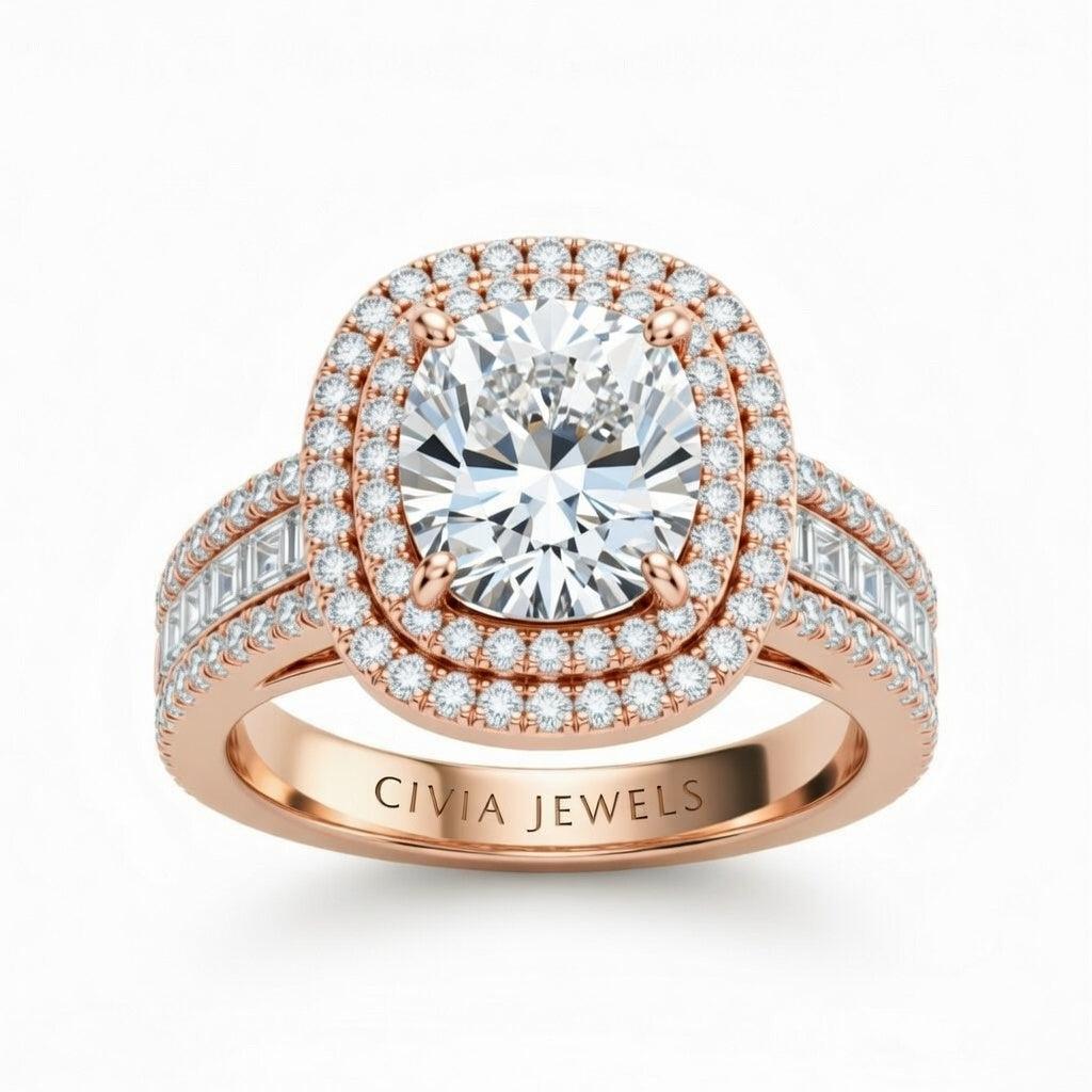 Rose Gold Cushion Cut Double Halo Engagement Ring With Diamond Baguette Accented Pavé Band