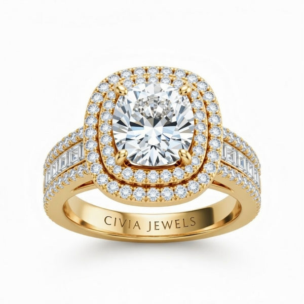Yellow Gold Cushion Cut Double Halo Engagement Ring With Diamond Baguette Accented Pavé Band