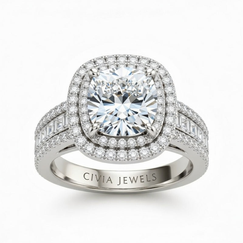 White Gold Cushion Cut Double Halo Engagement Ring With Diamond Baguette Accented Pavé Band