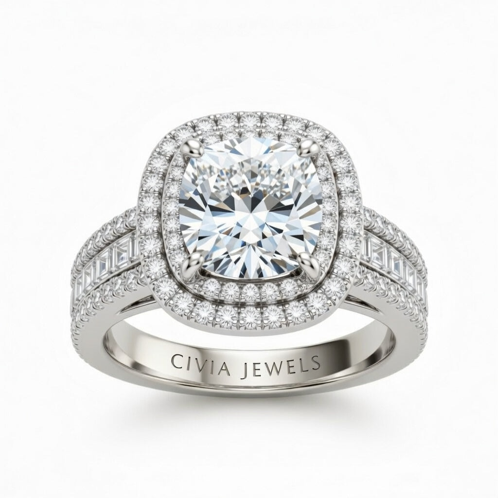 White Gold Cushion Cut Double Halo Engagement Ring With Diamond Baguette Accented Pavé Band