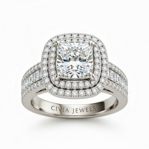White Gold Princess Cut Double Halo Engagement Ring With Diamond Baguette Accented Pavé Band
