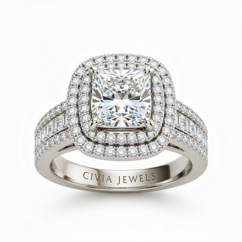 Silver Princess Cut Double Halo Engagement Ring With Diamond Baguette Accented Pavé Band