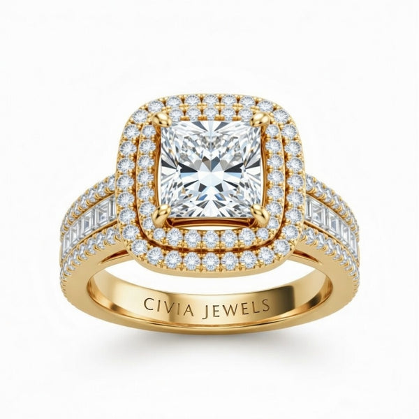 Yellow Gold Princess Cut Double Halo Engagement Ring With Diamond Baguette Accented Pavé Band