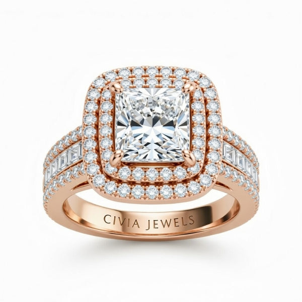 Rose Gold Princess Cut Double Halo Engagement Ring With Diamond Baguette Accented Pavé Band