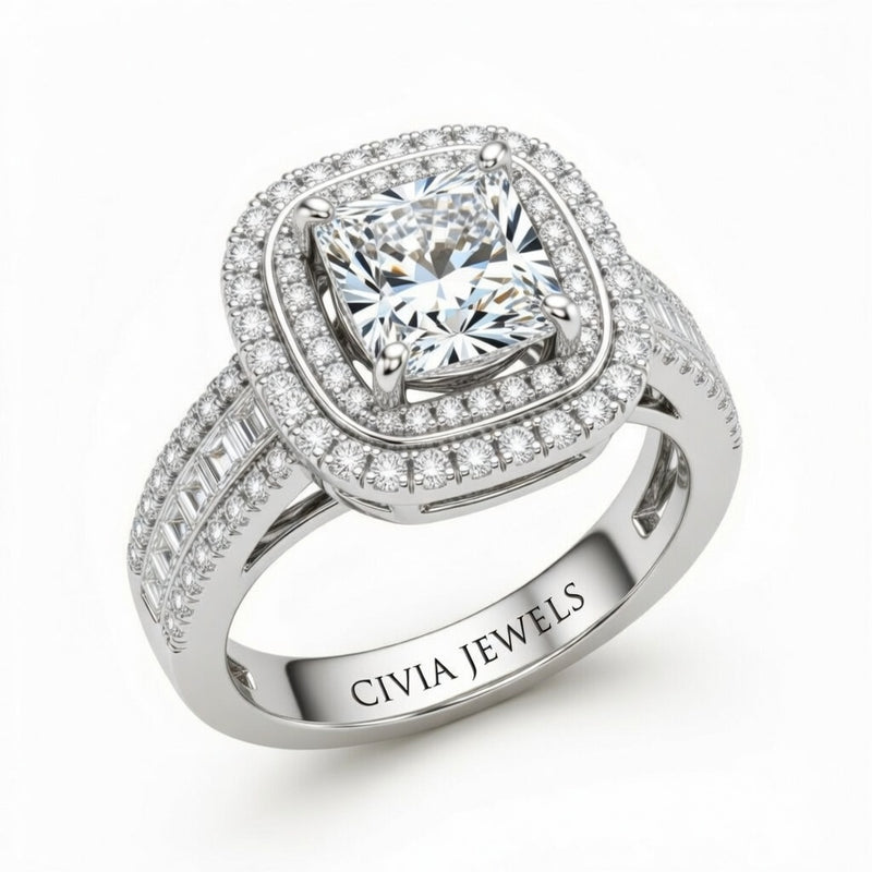 White Gold Princess Cut Double Halo Engagement Ring With Diamond Baguette Accented Pavé Band