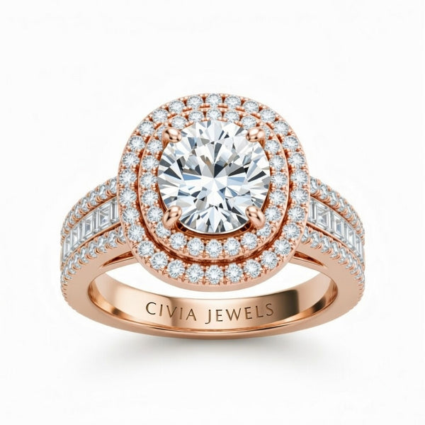 Rose Gold Round Cut Double Halo Engagement Ring With Diamond Baguette Accented Pavé Band