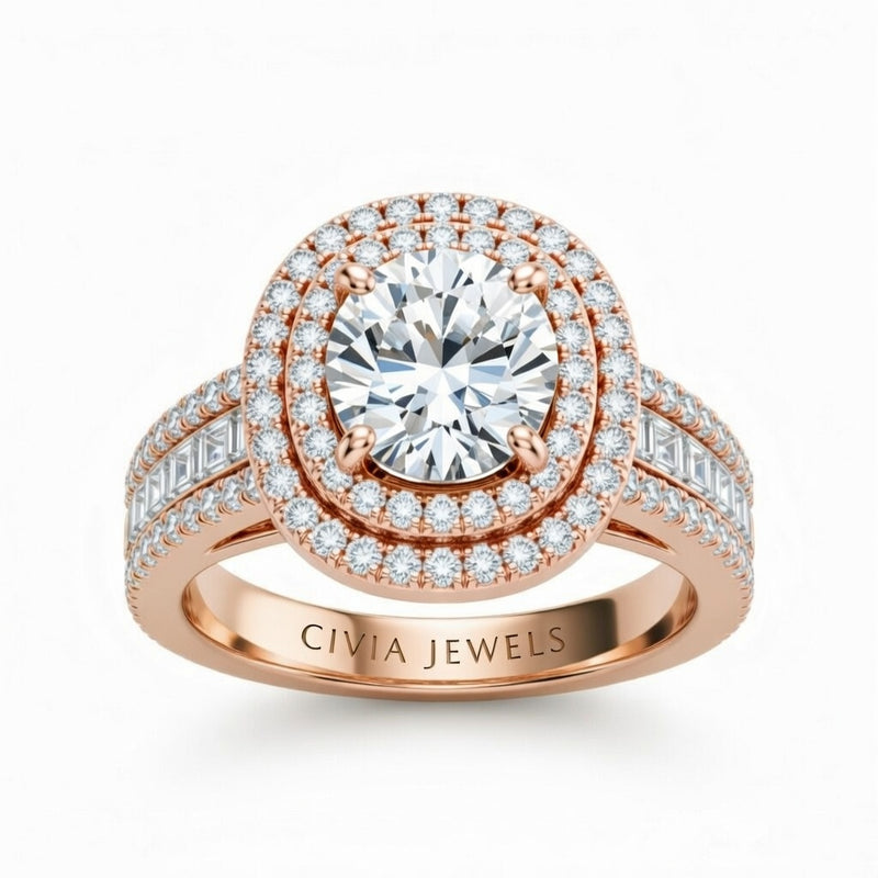 Rose Gold Round Cut Double Halo Engagement Ring With Diamond Baguette Accented Pavé Band