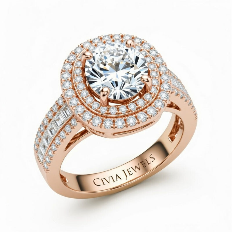 Rose Gold Round Cut Double Halo Engagement Ring With Diamond Baguette Accented Pavé Band