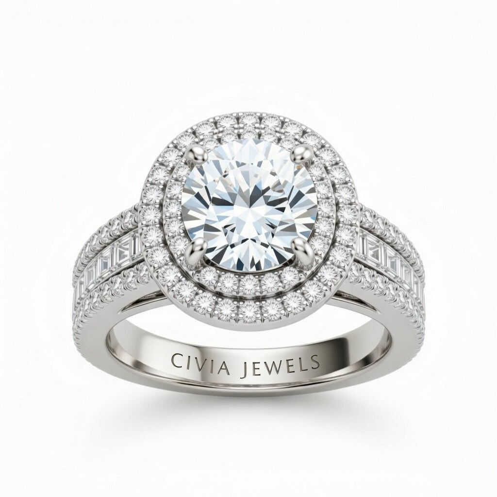 White Gold Round Cut Double Halo Engagement Ring With Diamond Baguette Accented Pavé Band