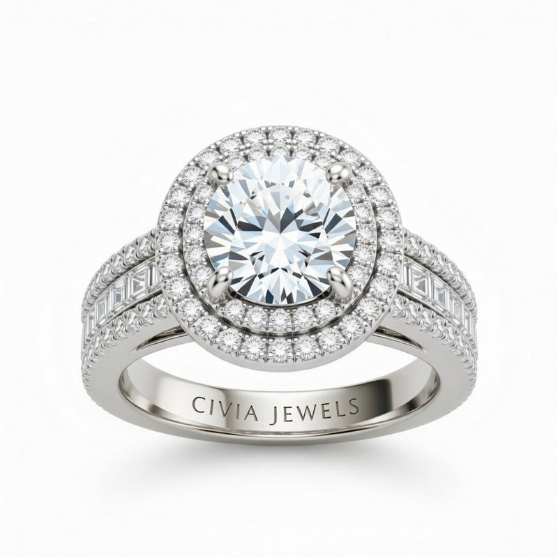 Silver Round Cut Double Halo Engagement Ring With Diamond Baguette Accented Pavé Band
