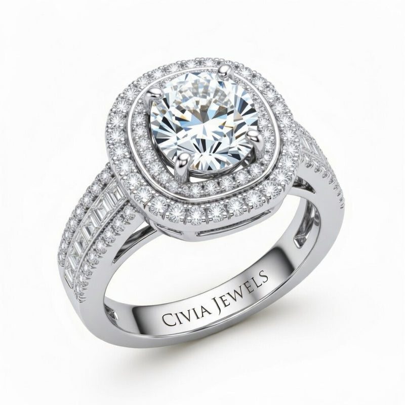 Silver Round Cut Double Halo Engagement Ring With Diamond Baguette Accented Pavé Band