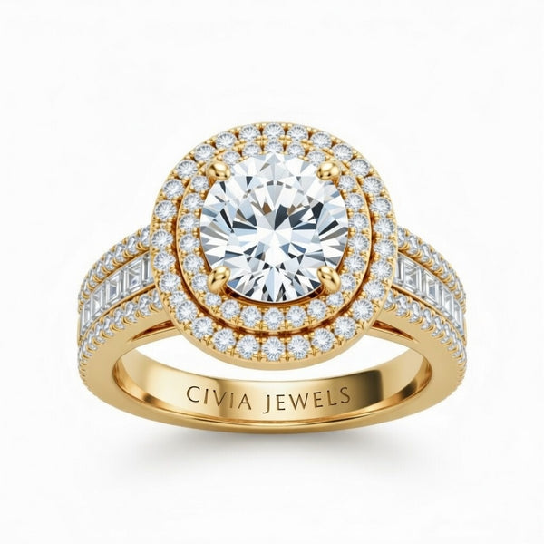 Yellow Gold Round Cut Double Halo Engagement Ring With Diamond Baguette Accented Pavé Band