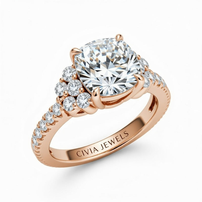 Rose Gold Cushion Cut Engagement Ring With Diamond Cluster Side Accents And Pavé Band