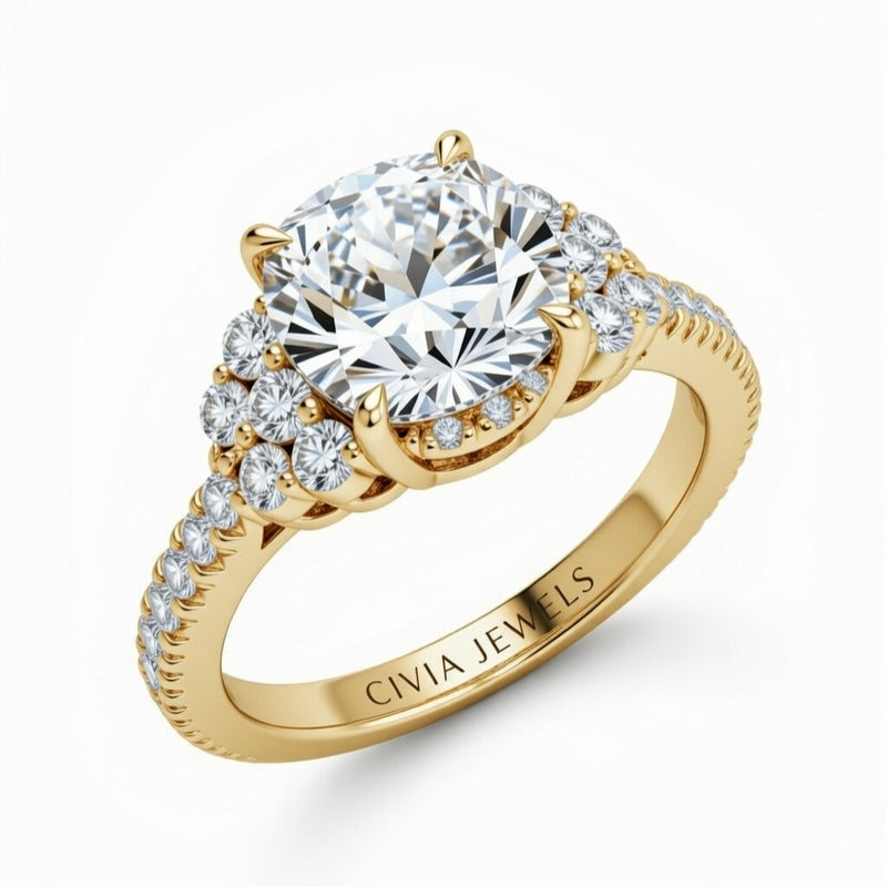 Yellow Gold Cushion Cut Engagement Ring With Diamond Cluster Side Accents And Pavé Band