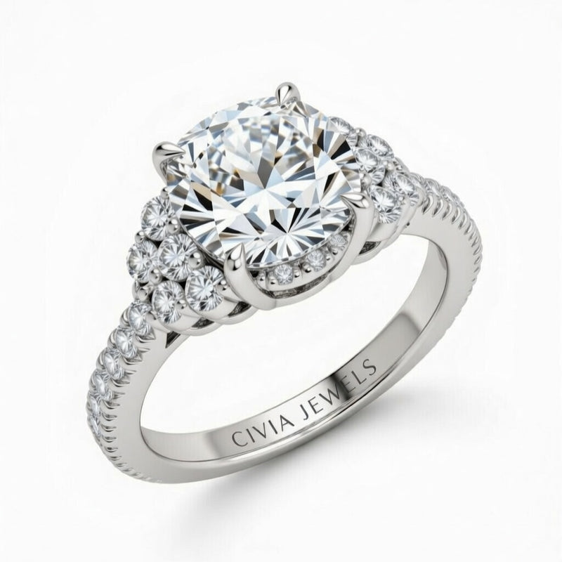 White Gold Cushion Cut Engagement Ring With Diamond Cluster Side Accents And Pavé Band